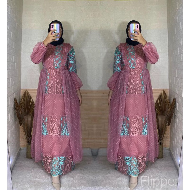 Baju Gamis Brukat Super Mewah Pesta Wanita Dewasa Full Furing Mix Tiledot Model Terbaru Kekinian