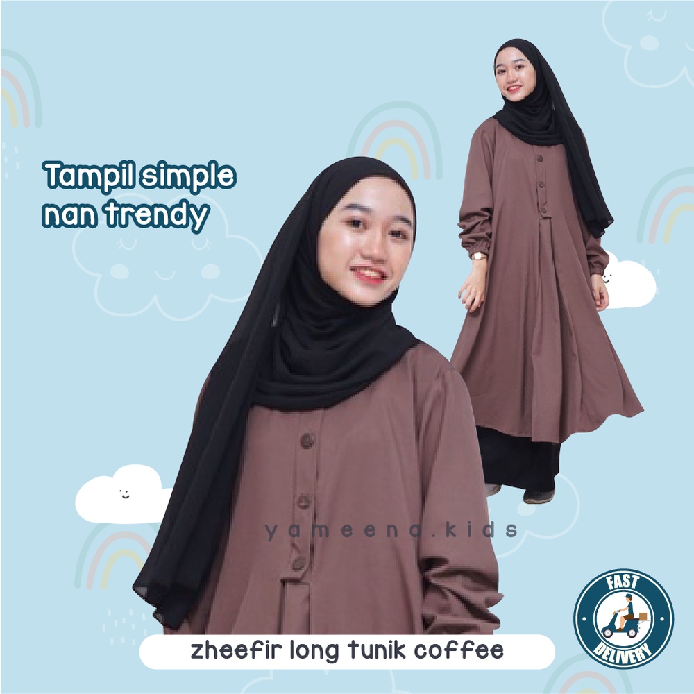 Gamis Perempuan Zheefir Long Tunik Coffee  Baju Muslim Wanita Busui Friendly Bahan Cotton Premium By Yameenakids