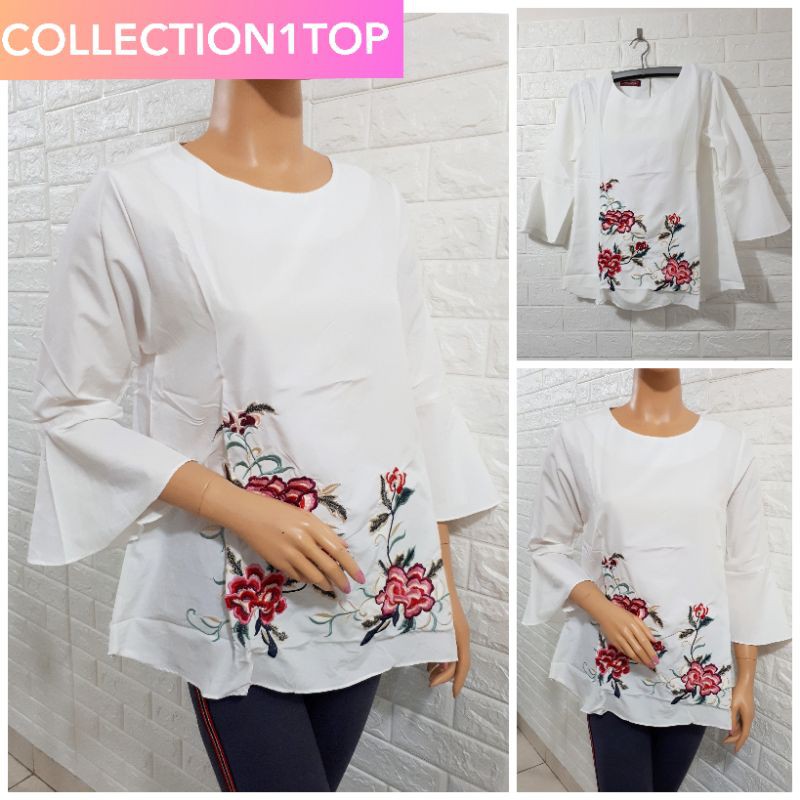 BLOUSE / ATASAN / / PAKAIAN / FASHION / WANITA / BORDIR BUNGA / KATUN / PUTIH