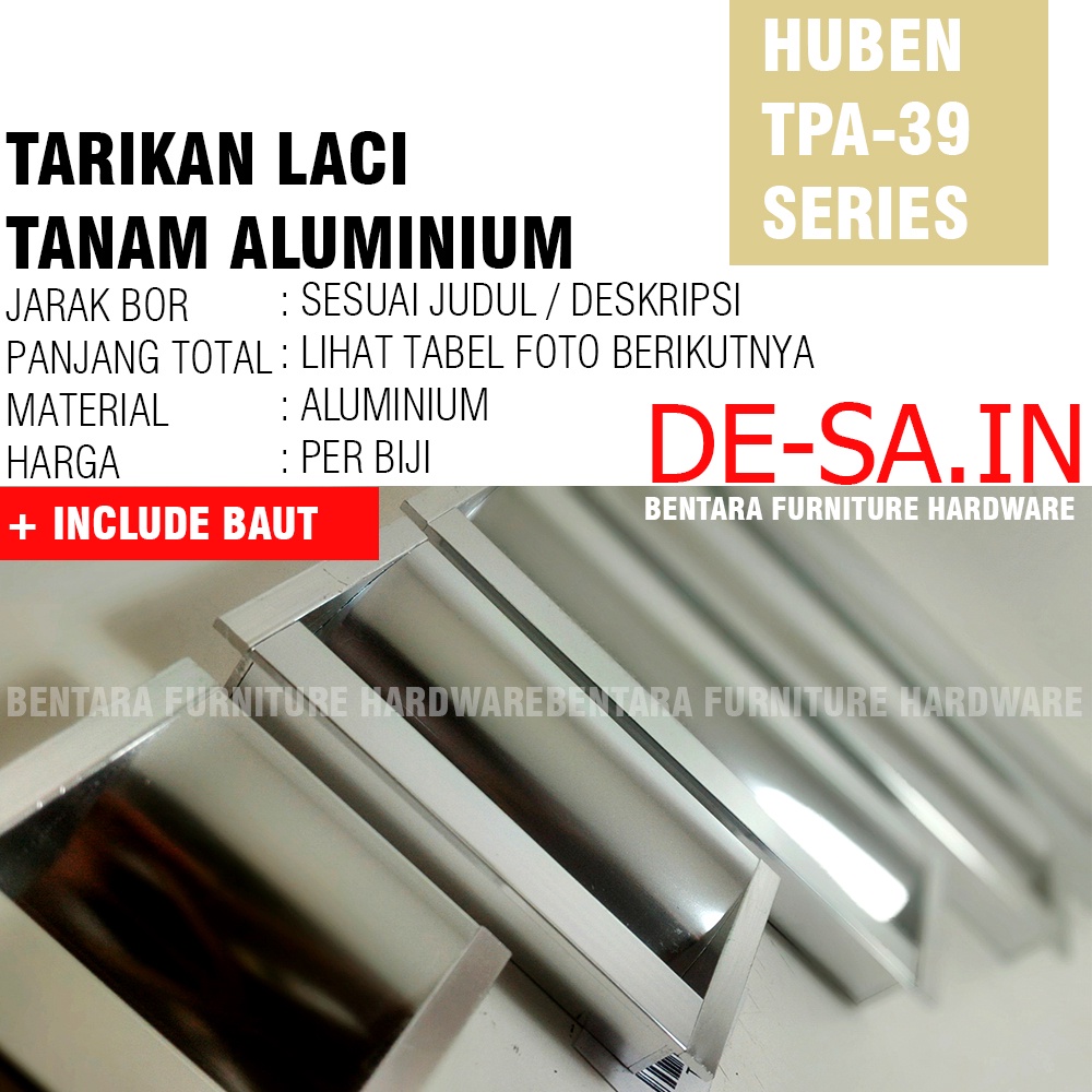 HUBEN TPA-39 160 MM ANODIZE - Tarikan Laci Tanam Meja Lemari Kabinet Gagang Pintu Handle Drawer Aluminium BLACK HITAM GOLD SILVER