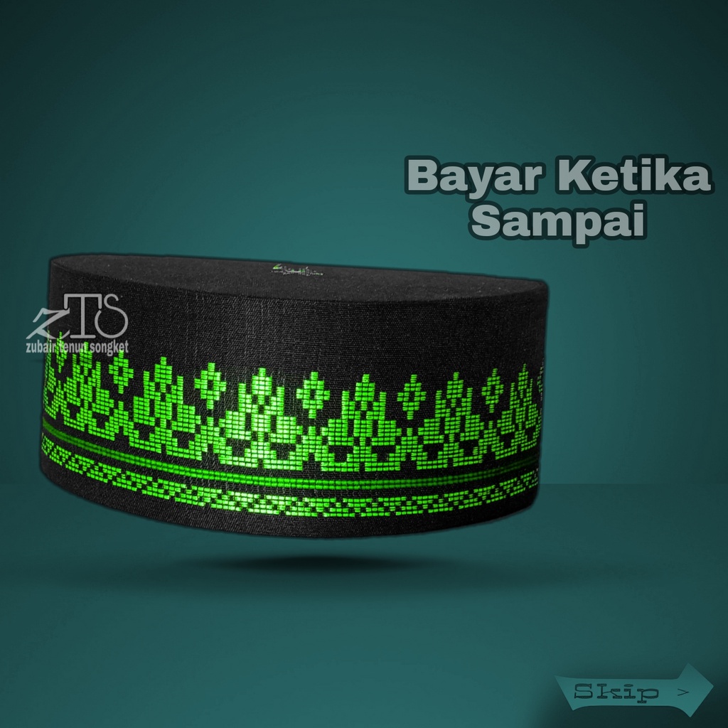 kopyah hitam hijiau motif cerek peci zubIR TENUN SONGKET SONGKOK BULAT