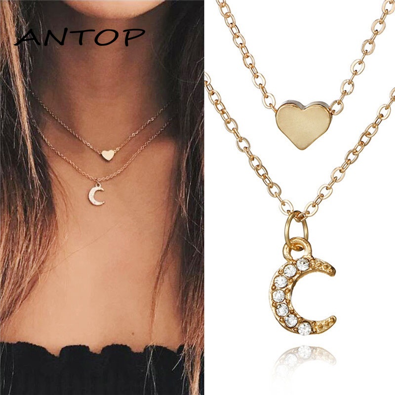 Retro Double-Layer Kalung Cinta Bulan Liontin Peach Hati Rantai Klavikula Aksesoris Fashion ANTOP