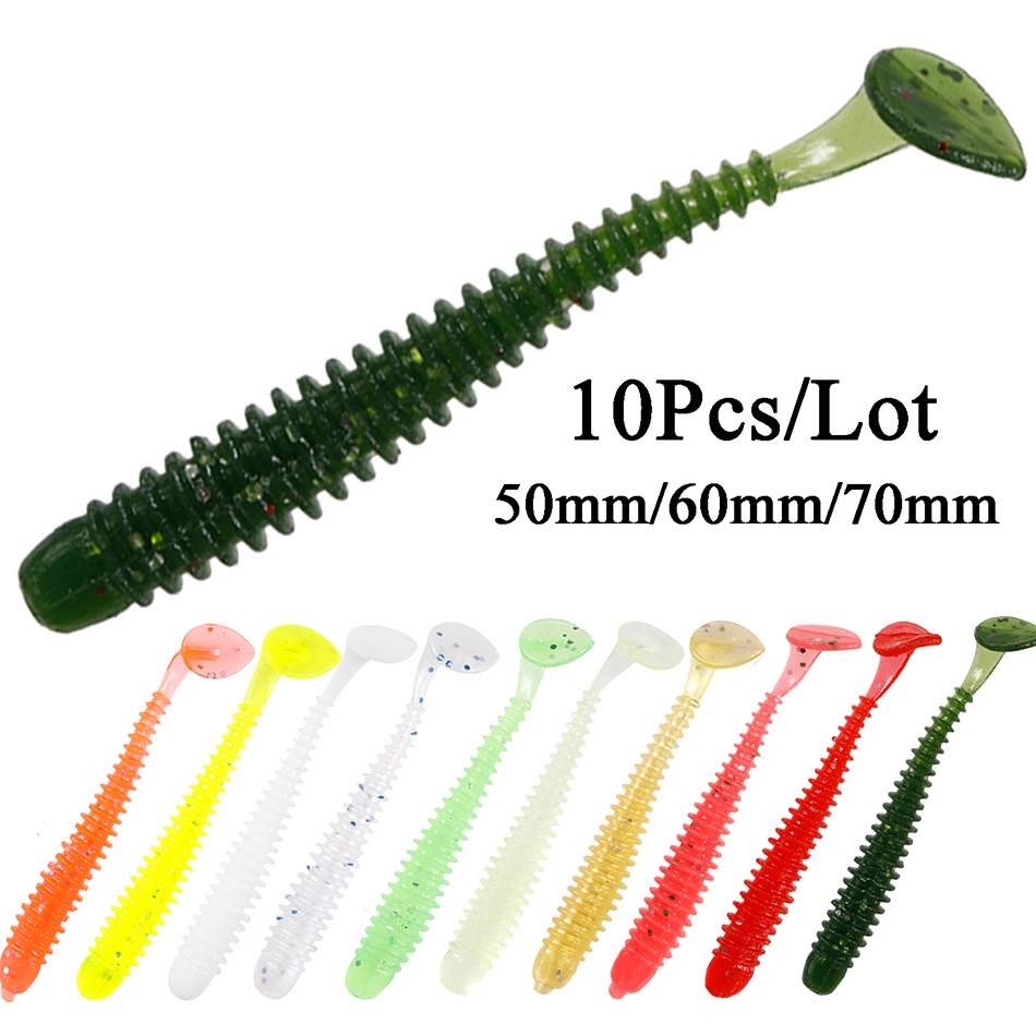 10pcs / Lot Umpan Pancing Bentuk Cacing Ekor T Bahan Karet Silikon Lembut