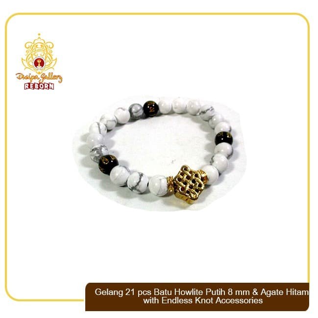 Gelang 21 pcs Batu Howlite Putih 8 mm &amp; Agate Hitam with Endless Knot