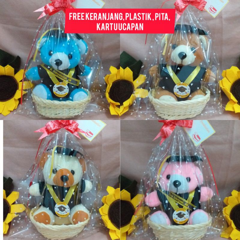 	 READY PAKAI KERANJANG , Boneka wisuda 15 cm kado beruang plus keranjang dan plastik / buket wisuda / hampers	