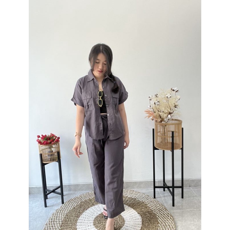 Set kemeja Linen pocket | Set kemeja lengan pendek pocket
