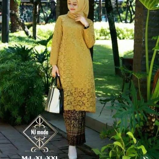 Setelan Kebaya Brukat Tunik Nj Gold Mix Plisket / Kebaya Modern