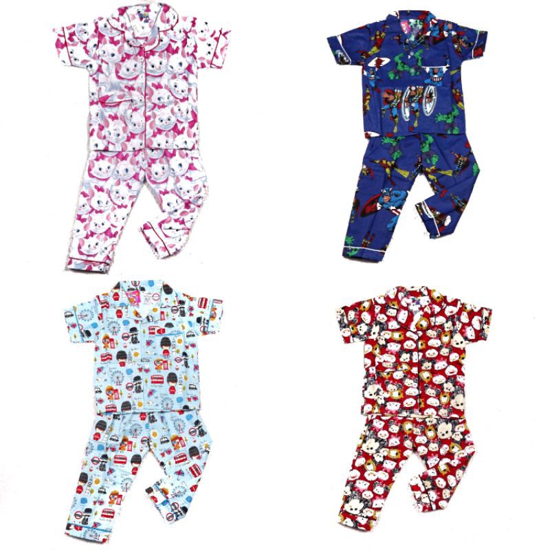 SETELAN BAJU TIDUR PIYAMA KATUN ANAK 2-6TAHUN MOTIF RANDOM CELANA PANJANG LENGAN PENDEK