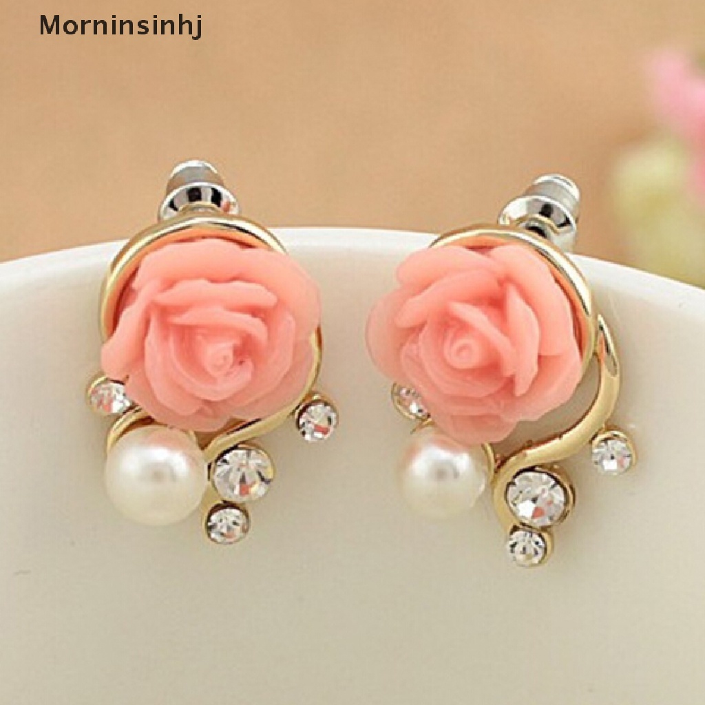 Mornin Wanita Manis Fashion Earings Rose Shaped Mutiara Buatan Berlian Stud Earrings id