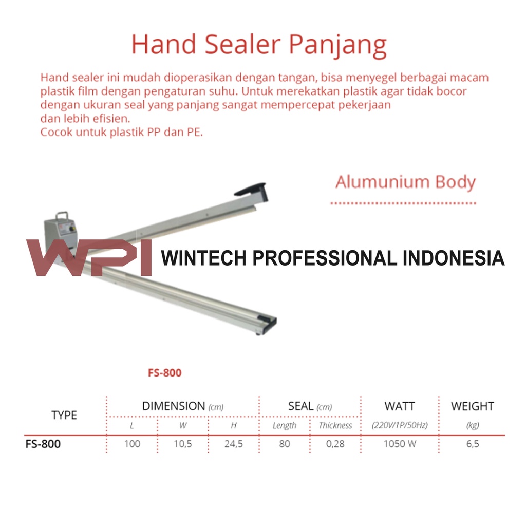 Getra FS-800 Hand Sealer Panjang - Mesin Penyegel Plastik Dengan Panjang Seal 80 Cm - Body Dari Alum