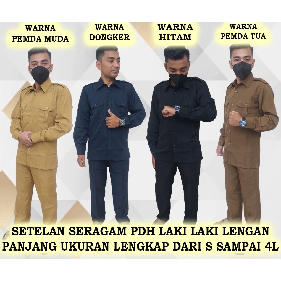 setelan baju dinas PDH laki-laki lengan panjang warna pemda tua-pemda muda-dongker-hitam ukuran dari S sampai 4L