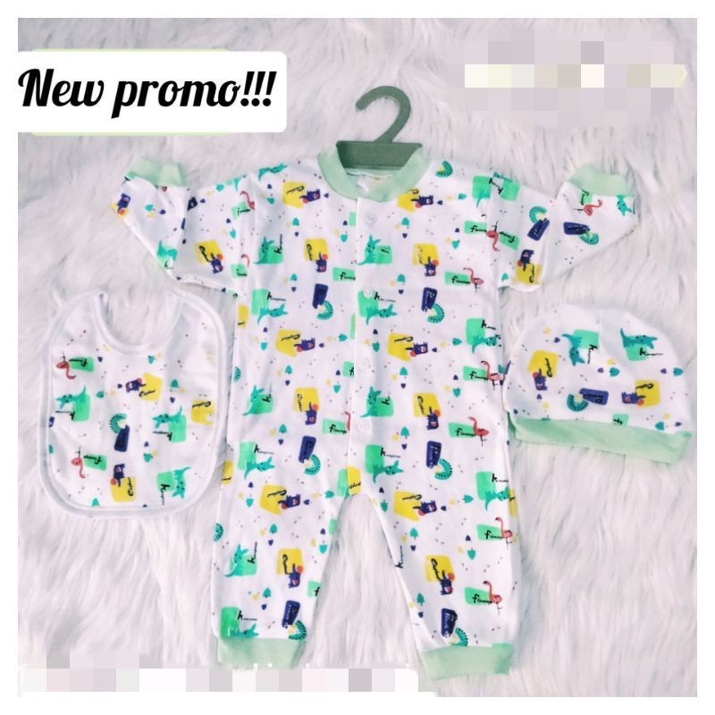 3 in 1 JUMPER Setelan Bayi Baru Lahir Lengkap Slabber dan Topi Kupluk Bahan Katun Lembut