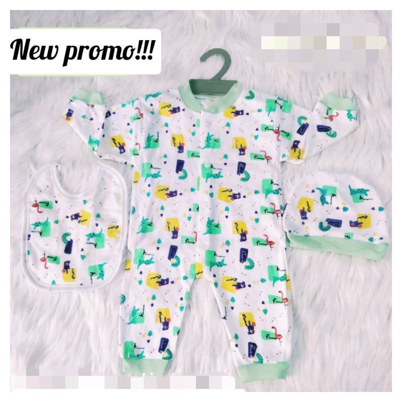 3 in 1 JUMPER Setelan Bayi Baru Lahir Lengkap Slabber dan Topi Kupluk Bahan Katun Lembut