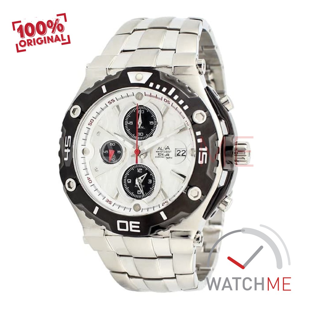 Jam Tangan Pria Alba Analog AF3D99X1 Chronograph White Dial Black 100m Stainless Steel Ori Garansi