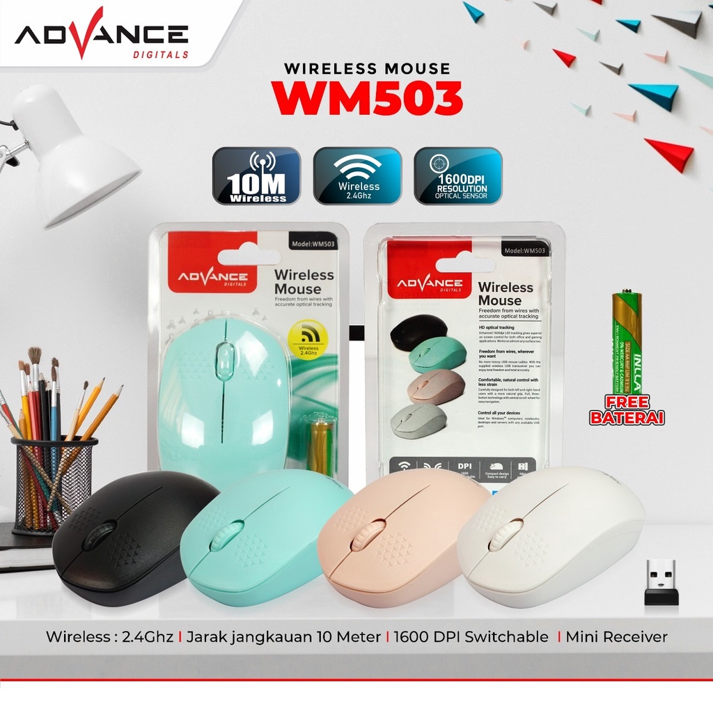 【READY STOCK】ADVANCE Mouse Wireless(Kirim Baterai) WM-503 Mouse Warna Warni Garansi Resmi 1 tahun