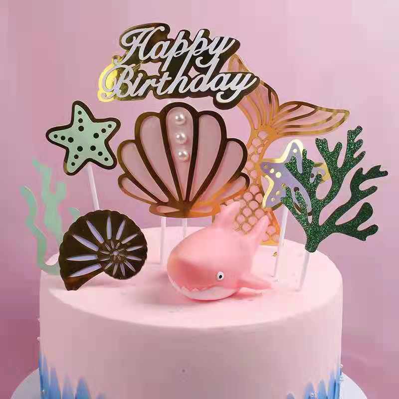 DAPAT 9 PCS TOPPER HIASAN CAKE KUE ULANG TAHUN BINATANG  LAUT IKAN BABY SHARK HIU PAUS LUMBA MERMAID