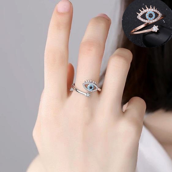 Cincin Model Terbuka Adjustable Desain Mata Iblis Biru Gaya Eropa Amerika Untuk Wanita