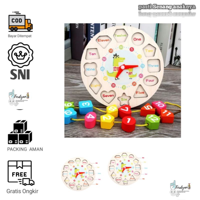 Mainan Edukasi Jam Kayu Puzzle Geometry Bentuk Shape Meronce mainan anak laki2 mainan anak perempuan