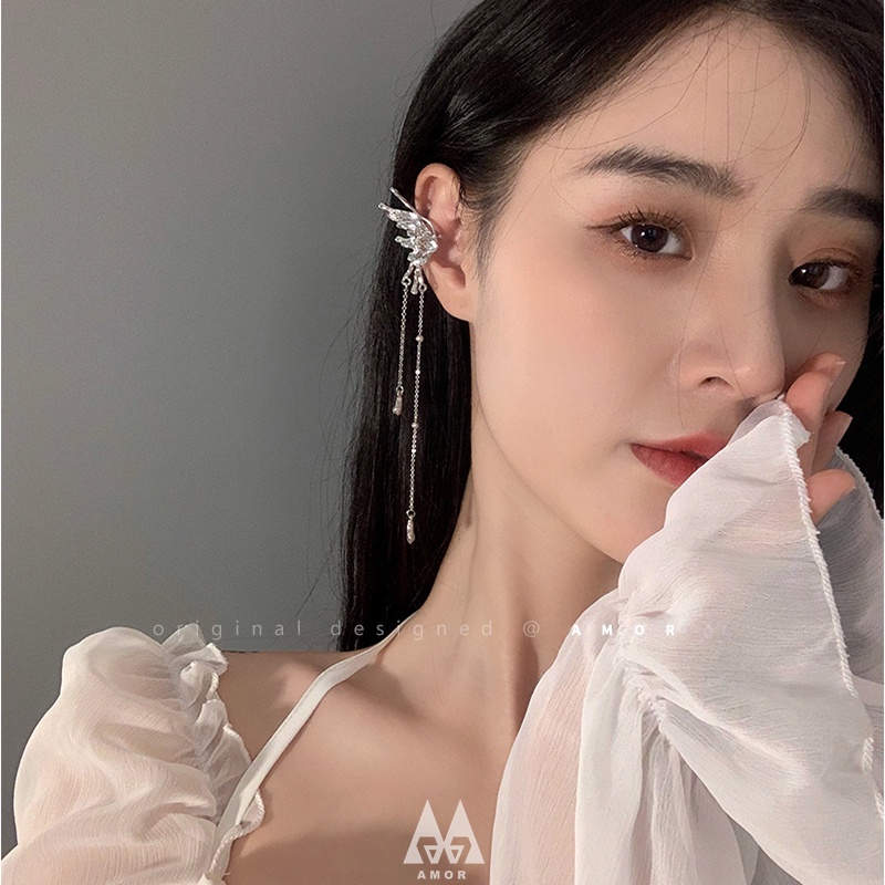 Anting Klip Telinga Model Rumbai Panjang Desain butterfly Untuk Wanita