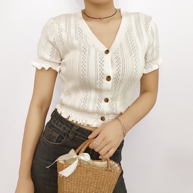 C125 • Korean Knit Laser Cut Croptop Import • Atasan Rajut • Outer Fashion Wanita