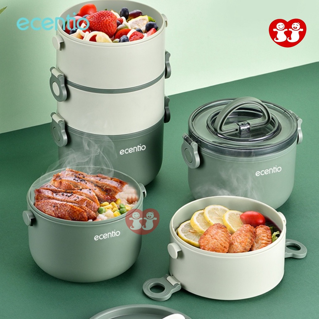 Ecentio kotak makan tempat makan lunch box 2200ml bulat free sendok Anti bocor dan anti percikan BPA FREE