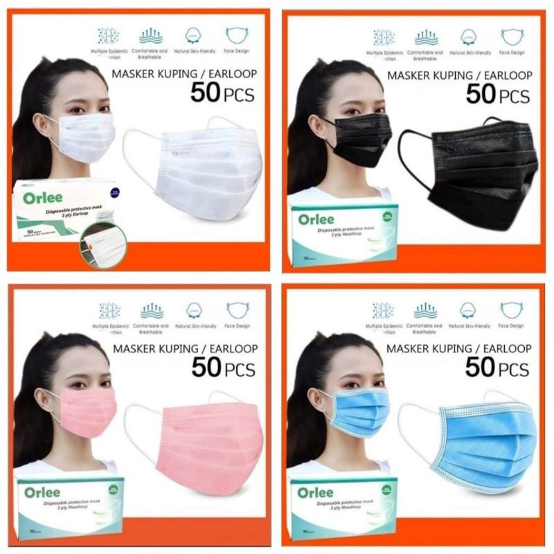 Masker 3 ply 3Ply Earloop Tali kuping Masker Medis Kemenkes 1 box isi 50 pcs ORLEE