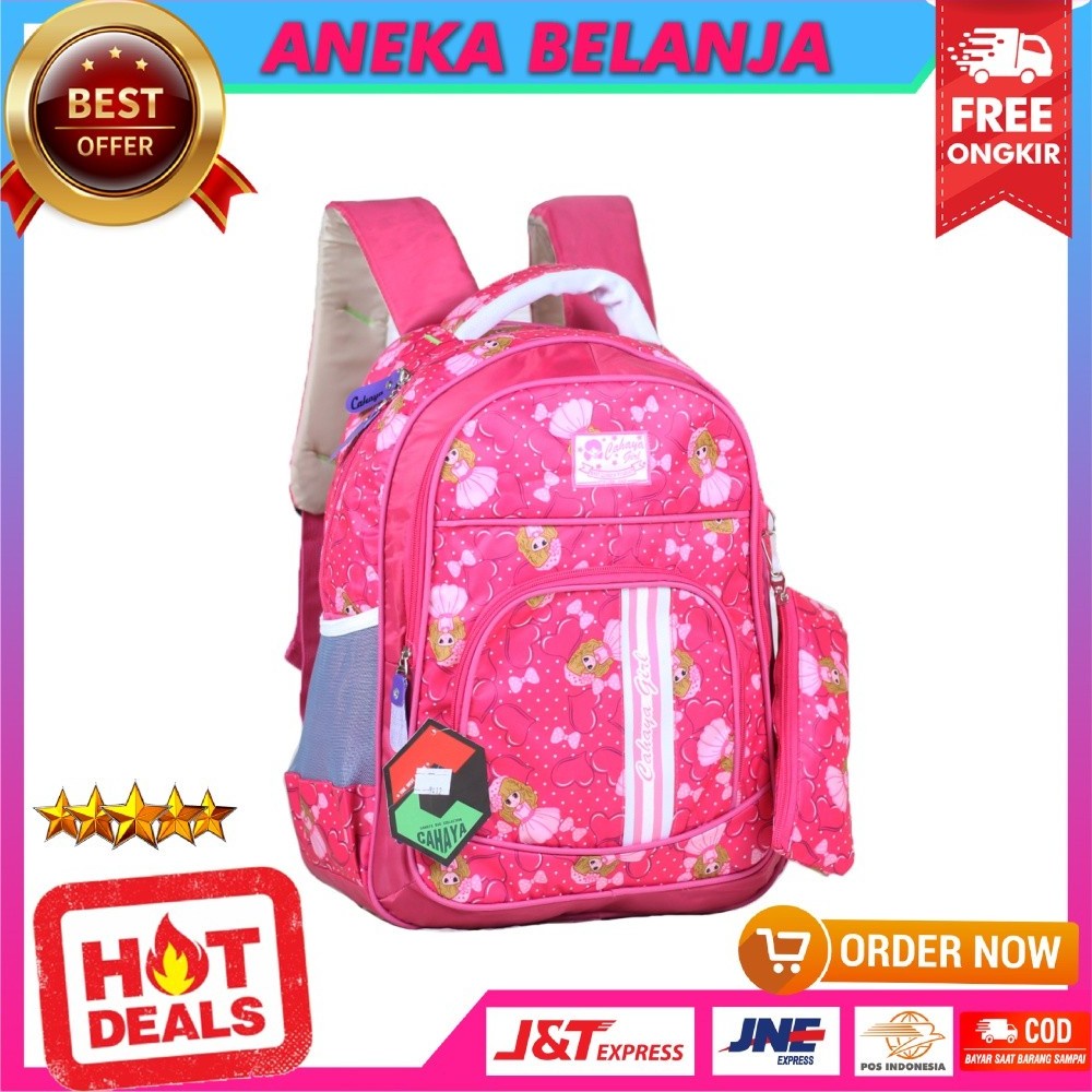 Tas Anak Sekolah Keren Ransel Cewek Cahaya Princess Strip Pink Gratis Tempat Pensil dan Raincover