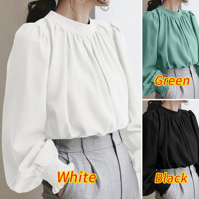 ZANZEA Women Fashion Casual Solid Color Puff Sleeve O Neck Smocking Retro Blouse