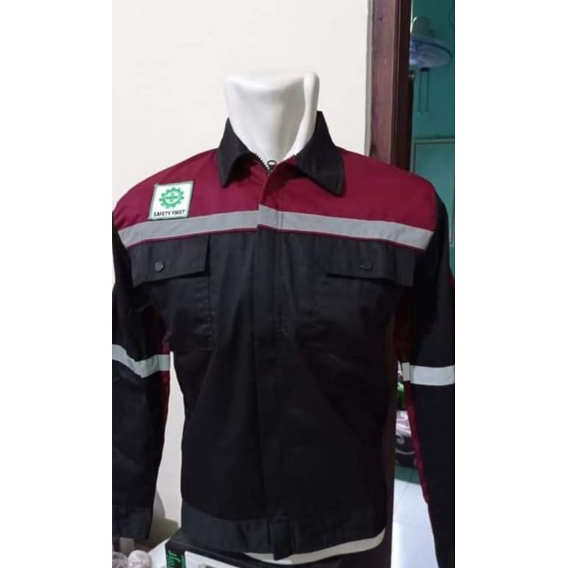 RESLETING MARON HITAM BAJU SERAGAM SAFETY BERLOGO K3 BENDERA WEARPACK KATELPAK