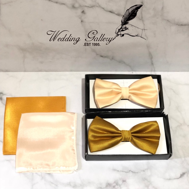 Dasi kupu bowtie edisi krem khaki gold dan pocket square handkerchief sapu tangan jas murah ready