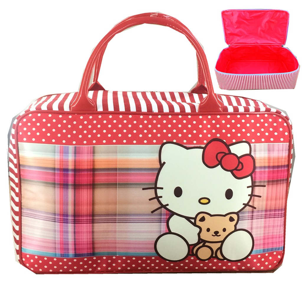 PROMO TERMURAH + FREE ONGKIR !!! Tas Travel Kanvas Hello Kitty Kotak Kotak 2