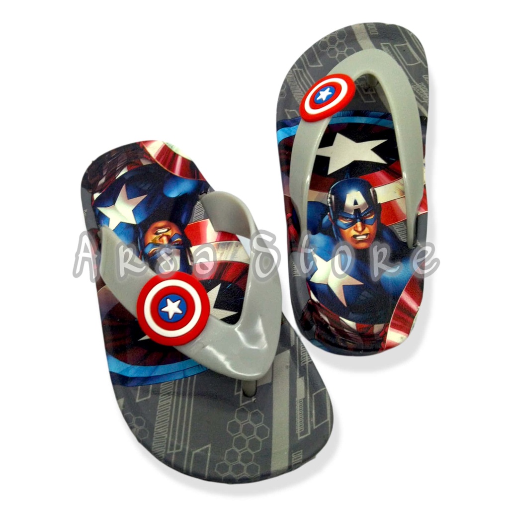 Sandal Jepit Jelly Anak Laki Laki Import Umur 2 3 4 Tahun / Sendal Karet Lucu Anak Cowok Motif Superhero Karakter Kapten Amerika / Kado Bagus Untuk Anak Ultah