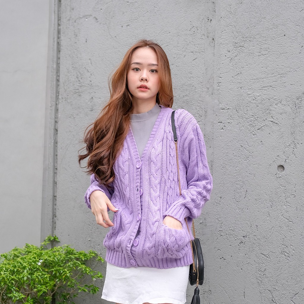 CABLE CARDY kardigan rajut kepang jumbo wanita panjang cardigan kancing oversize tebal terbaru impor-LILAC