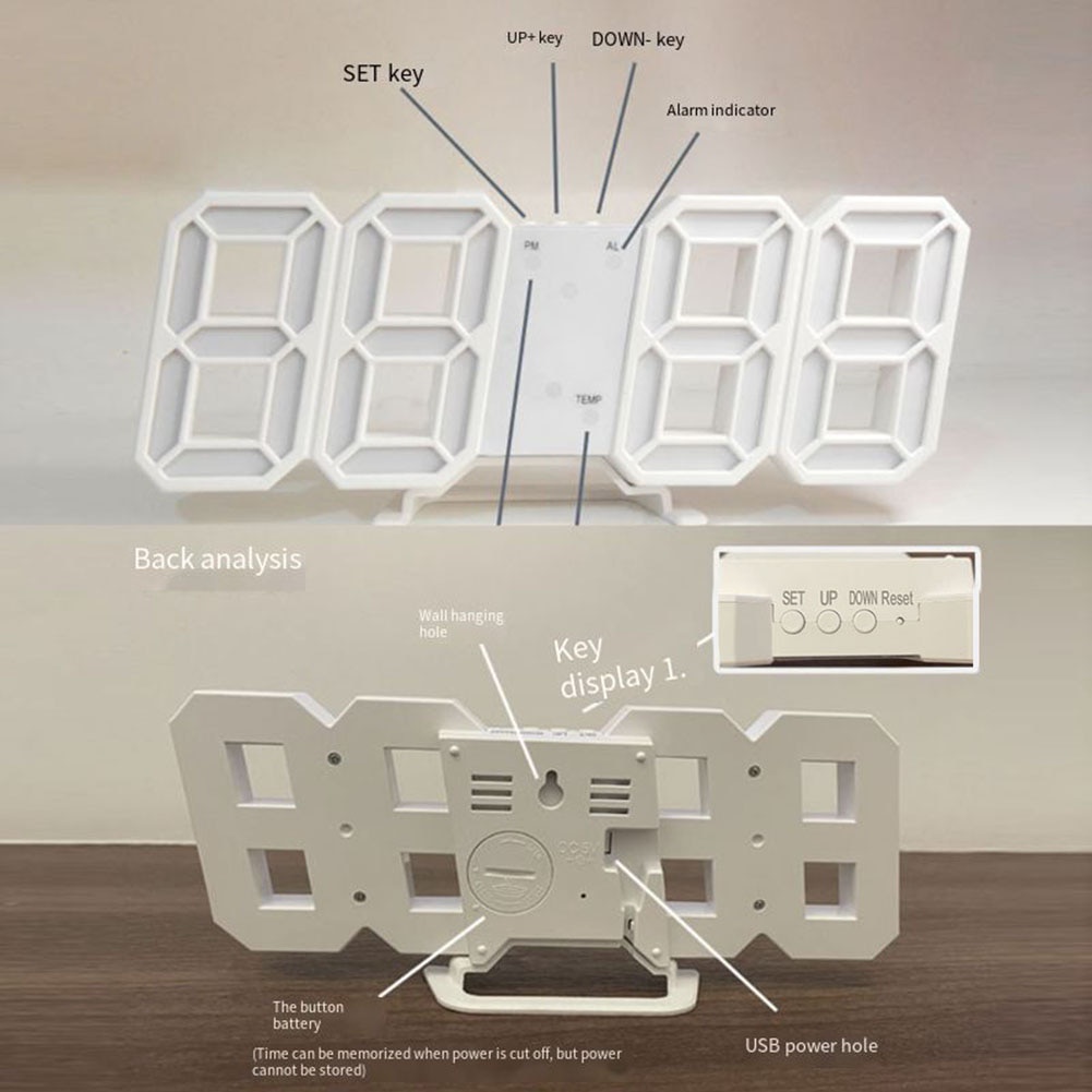 Taffware Jam Dinding Digital plus Suhu ruangan bisa jadi Jam Meja Digital Clock jam weker alarm alaram beker lonceng bangun pagi jam kamar tidur dekorasi kamar tidur Digital Alarm Clock Led Electrci Mini Silent Wall Clock for Bedroom Home Decor Smart