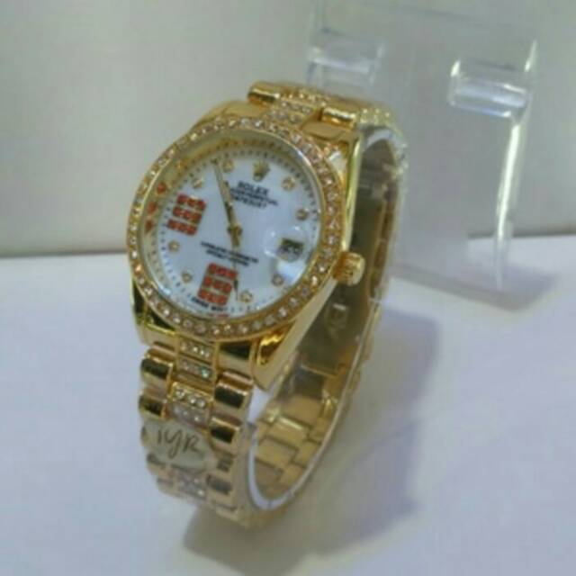 JAM TANGAN WANITA ROLEX DIAMOND GLAMOUR TANGAL AKTIF RANTAI GOLD KW SUPER