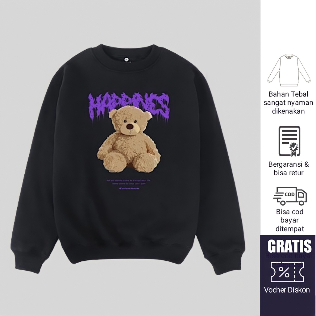 Crewnek Sweater Bear Happiness Crewneck Hitam Wanita Suiter Pria Distro Original Sweter Cowok Teddy 