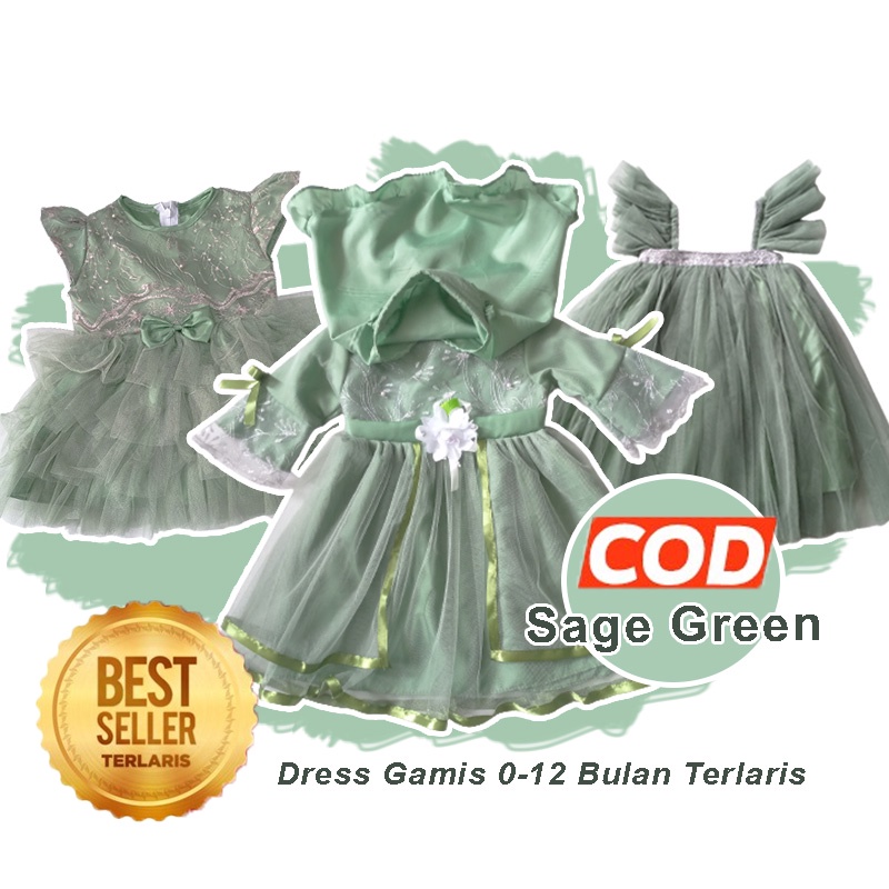 Baju Warna Sage Green 6 12 Bulan FREE PITA Dress Warna Sage Green Terlaris Import Gaun Sage Green Gamis Aqiqah Kondangan Hari Raya KA110