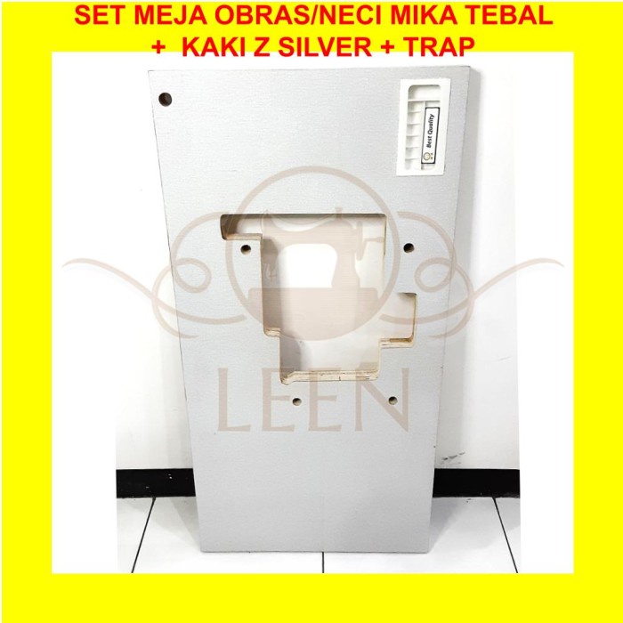 SET Meja MIKA PUTIH TEBAL + Kaki Z SILVER Mesin Jahit Obras Neci LEEN