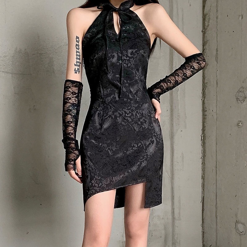 BIIKPIIK dark retro hot girl style jacquard cheongsam dress perempuan berdiri kerah renda lengan gau