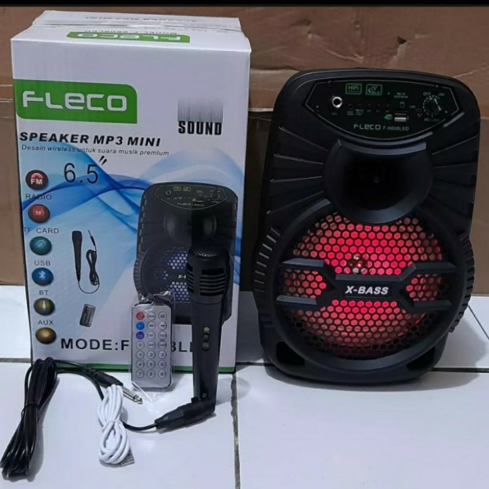 Speaker Karaoke Bluetooth Fleco F-6608Led Gratis Microphone Karaoke