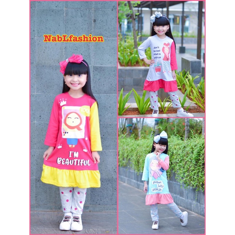 SET TUNIK AISYAH BY ZUPER KIDS SIZE 4-12 T bahan nggak jauh beda dengan tunik jovanka atau blooms ya