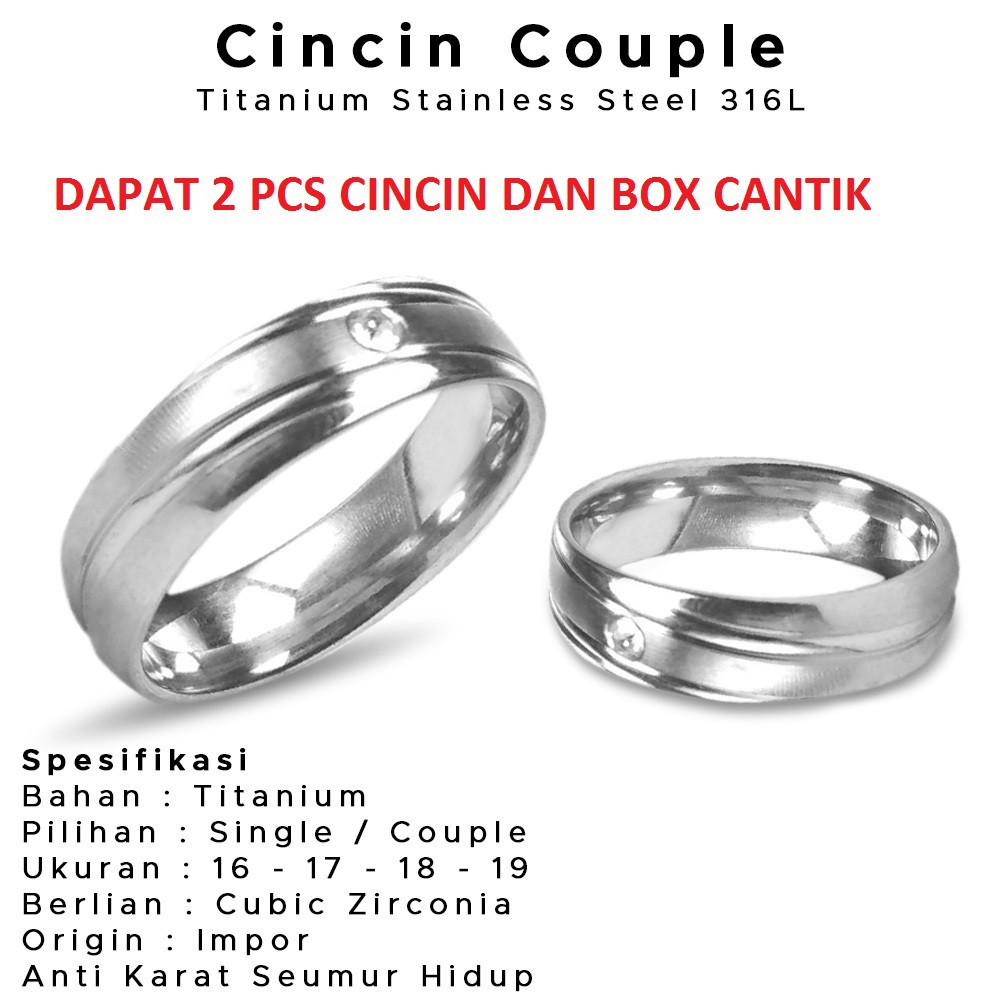 Cincin Kawin Udah Dapat 2 Pcs + Box Cincin silver mata mewah dan berkelas Berlapis Stainless Steel