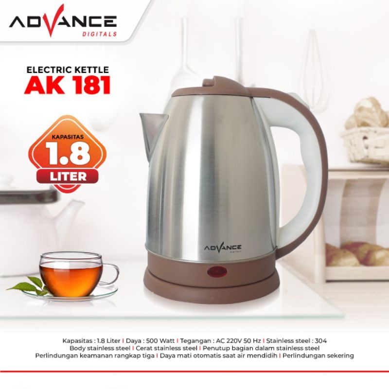 Advance 1.8L Kettle Listrik 500 Watt Stainless Cool Touch Handle AK181 Garansi 1 tahun