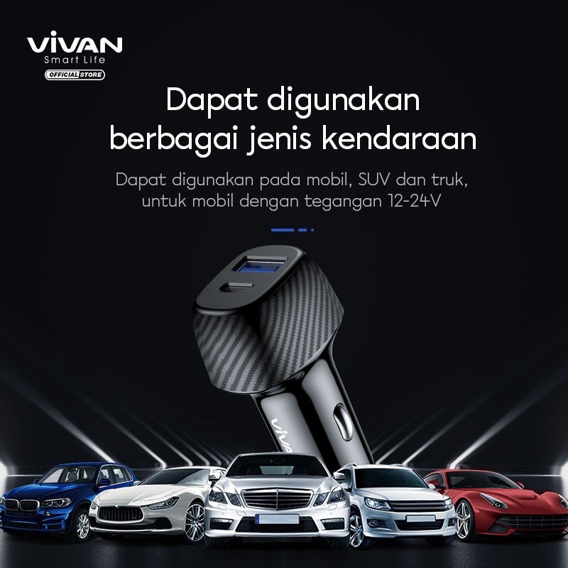 VIVAN Car Charger Dual Port Type C (PD) &amp; USB (QC3.0) 36W 6A Support iPhone 12 CC02P / Sever Vivan