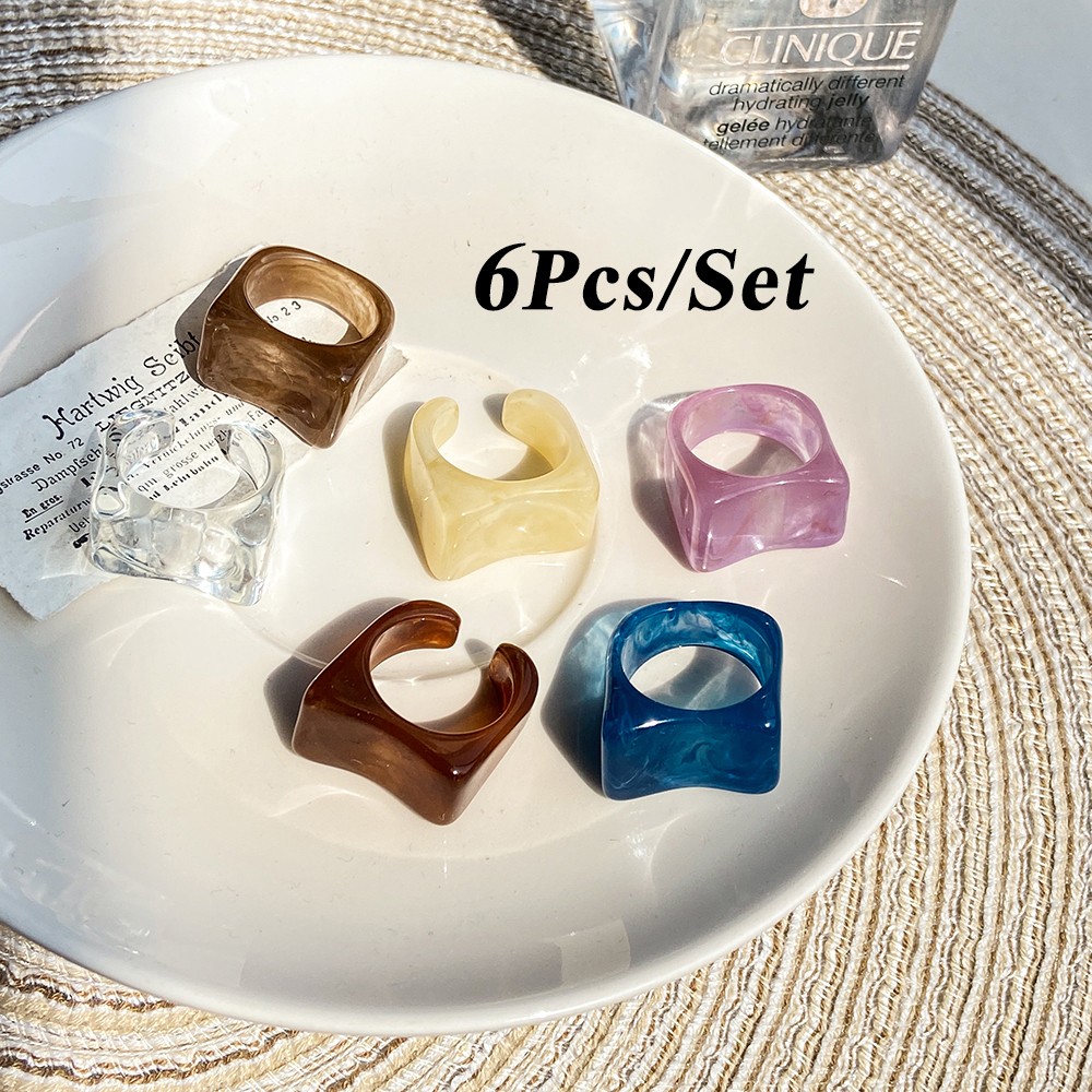 6pcs / Set Cincin Bentuk Geometri Bahan Resin Warna-Warni Gaya Korea Untuk Hadiah