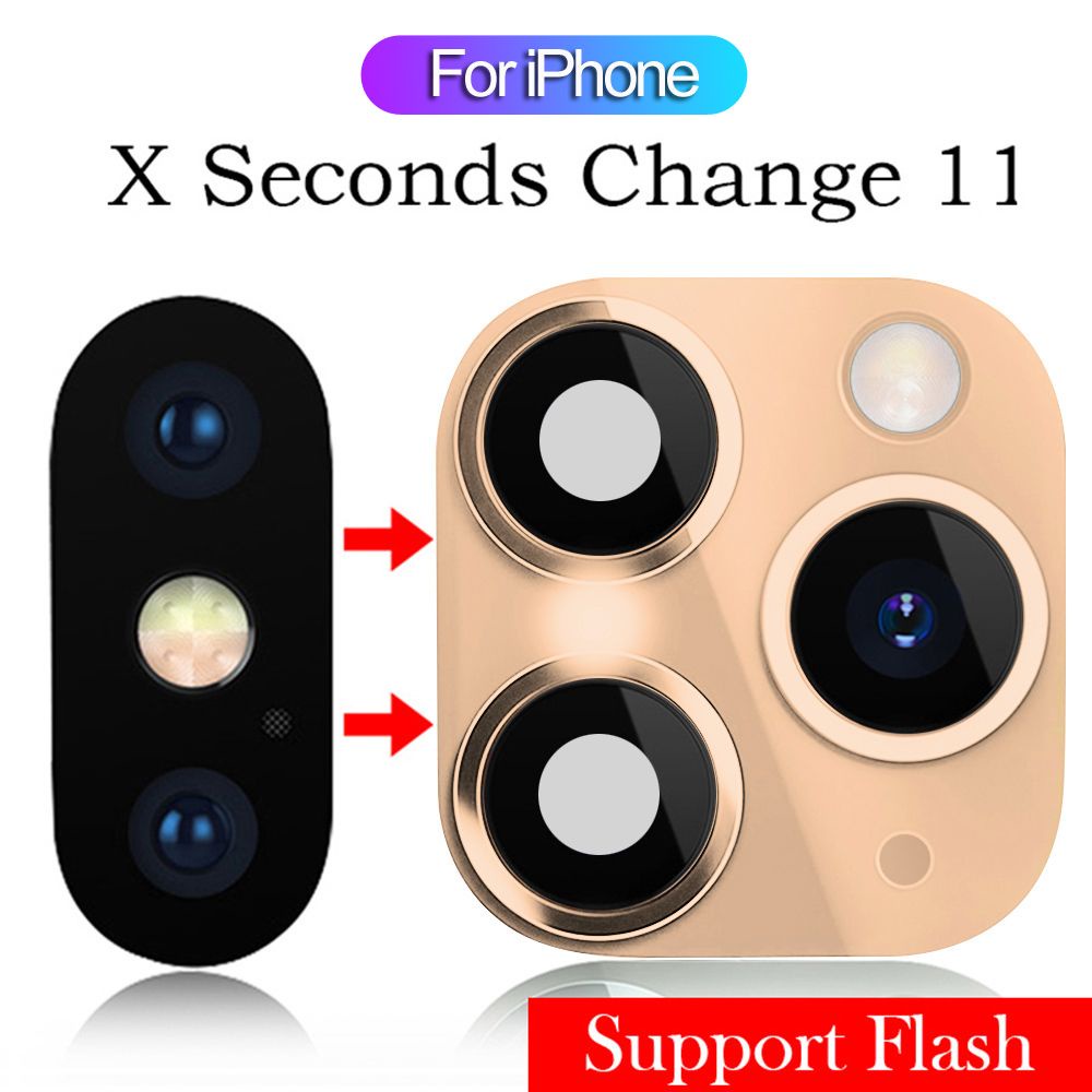 ROW Phone Upgrade Fake Camera Lens Sticker Support flash Seconds Change for iPhone XR X to iPhone 11 Pro Max Luxury Glass Mobile Screen Protector Cover Case/Multicolor