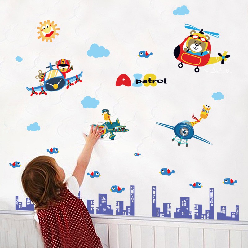 Reliza Wall Sticker Cartoon City Helikopter Transportasi Kota Anak Stiker Dinding LDR