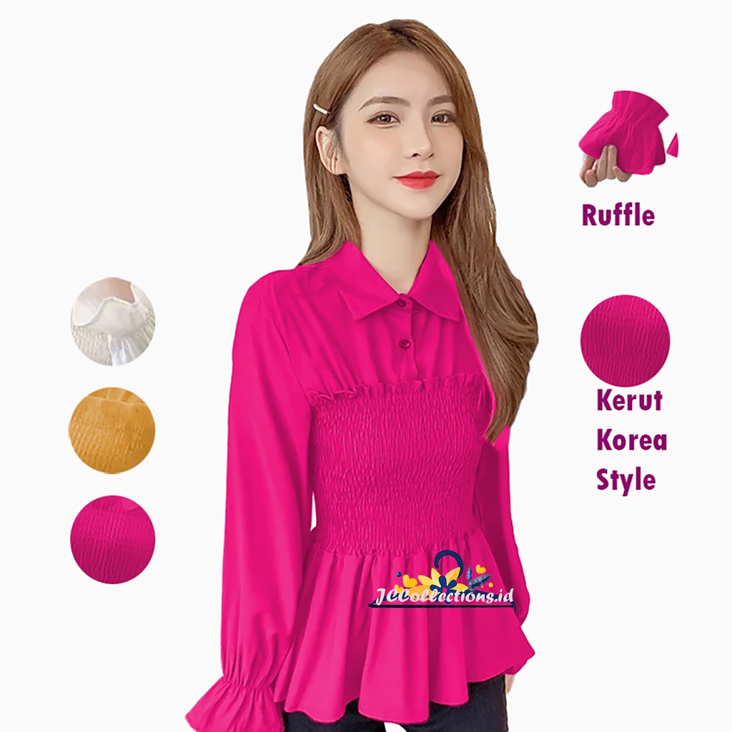 Blus Plisket lengan panjang wanita Maharanni Variasi Kerut Blouse Korea - JCCollections