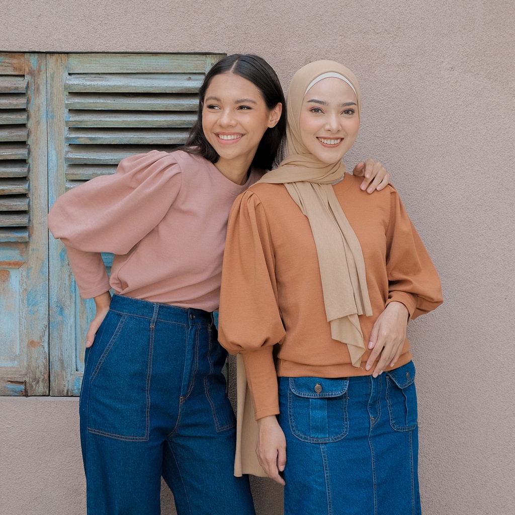 Isla Nerea Top Basic - Blouse Wanita Lengan Balon - Textured Cotton-2