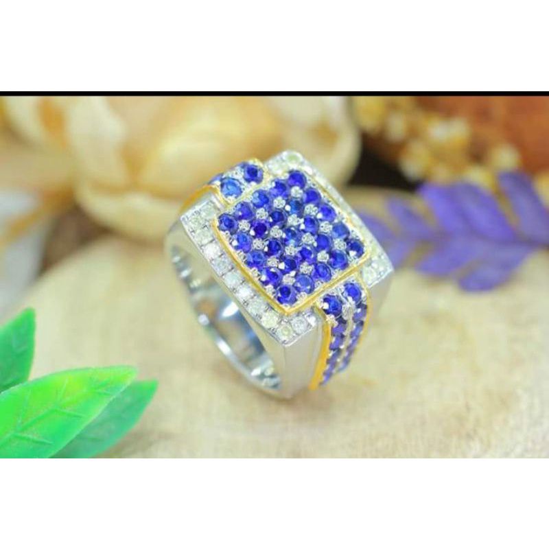 Cincin permata blue safir ditaburi berlian eropa